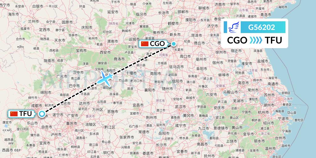G56202 China Express Airlines Flight Map: Zhengzhou to Chengdu