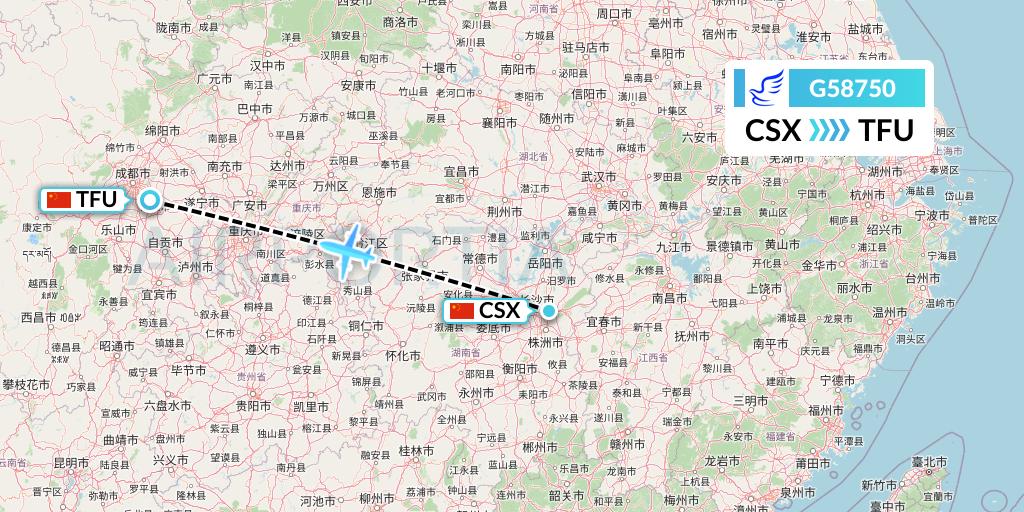 G58750 China Express Airlines Flight Map: Changsha to Chengdu