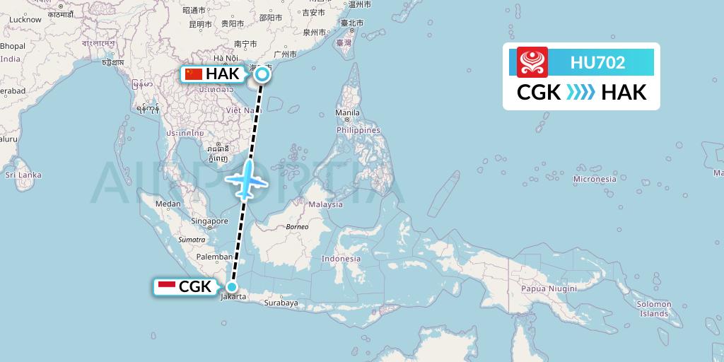 HU702 Hainan Airlines Flight Map: Jakarta to Haikou