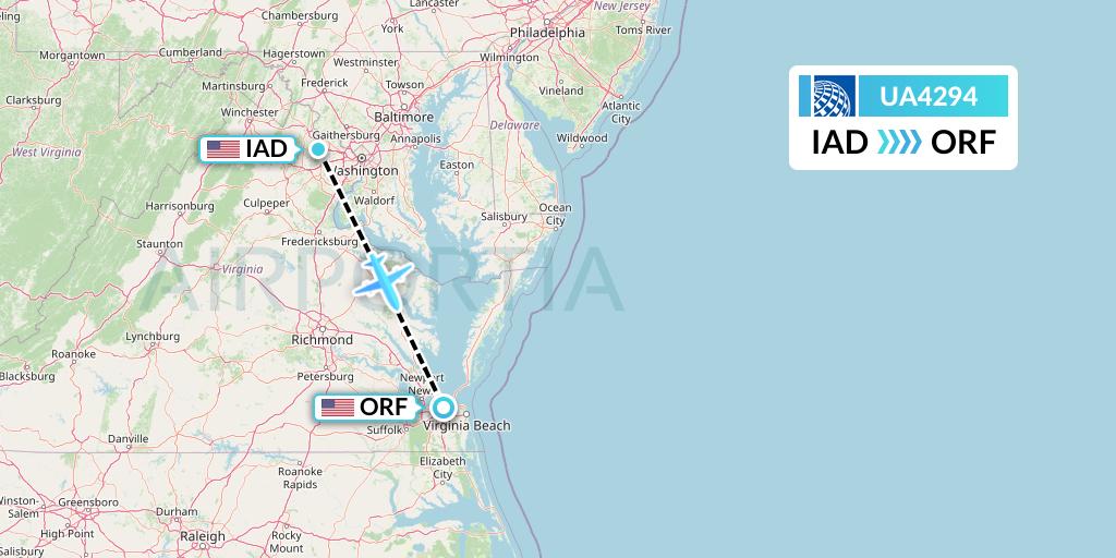 UA4294 United Airlines Flight Map: Washington to Norfolk