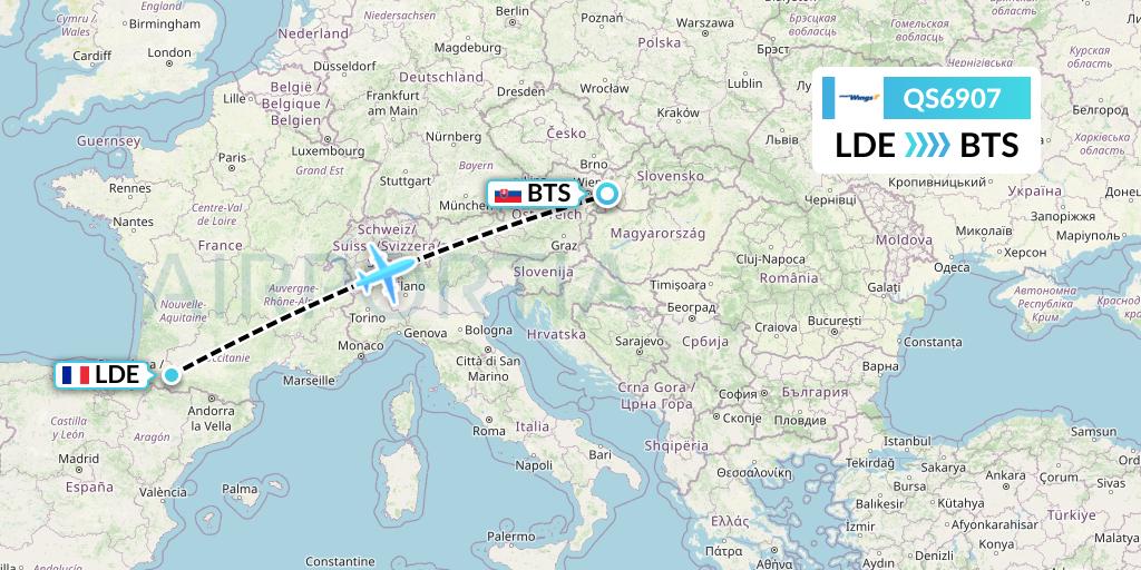 QS6907 Smartwings Flight Map: Tarbes to Bratislava