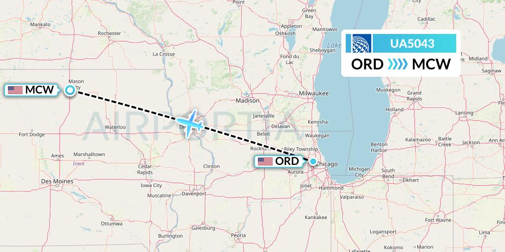 UA5043 United Airlines Flight Map: Chicago to Mason City