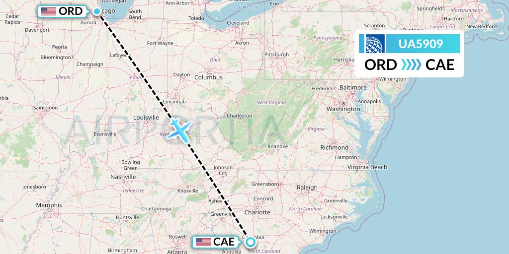 UA5909 United Airlines Flight Map: Chicago to Columbia