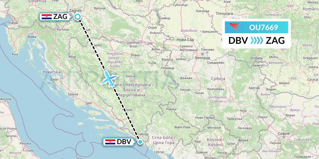 OU7669 Croatia Airlines Flight Map: Dubrovnik to Zagreb