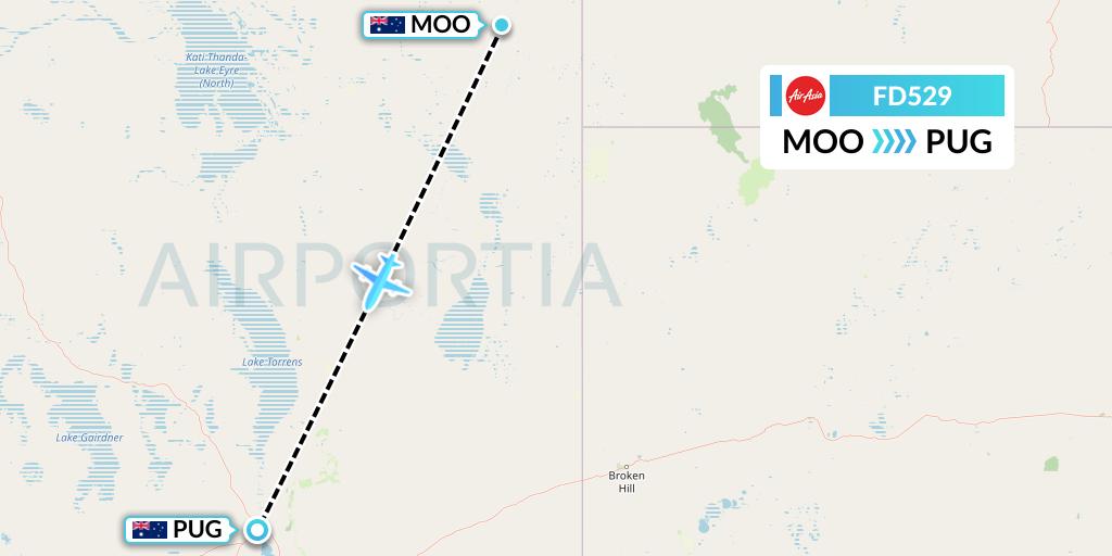 FD529 Thai AirAsia Flight Map: Moomba to Port Augusta