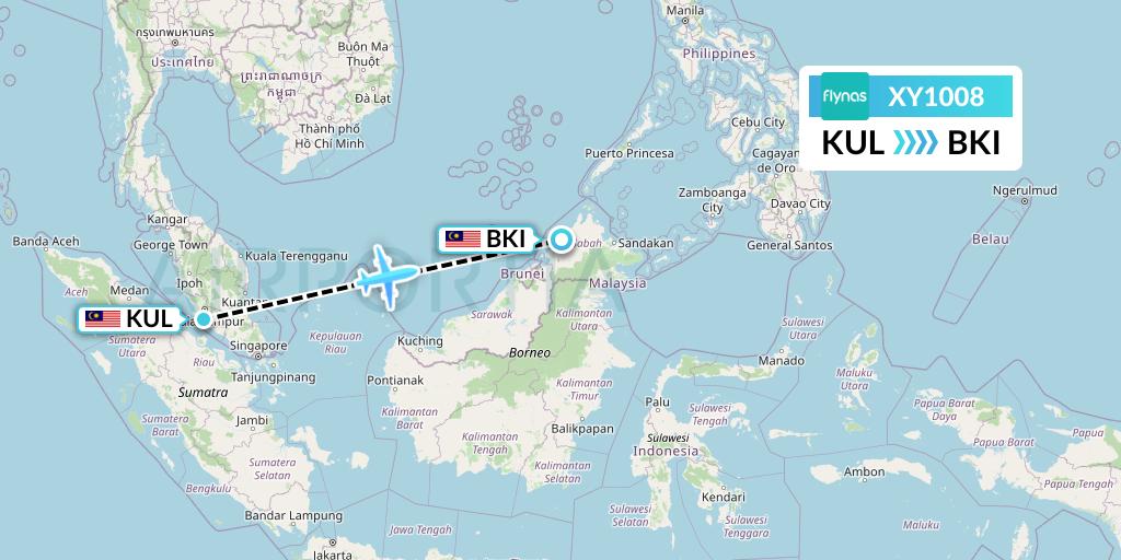 XY1008 Flynas Flight Map: Kuala Lumpur to Kota Kinabalu