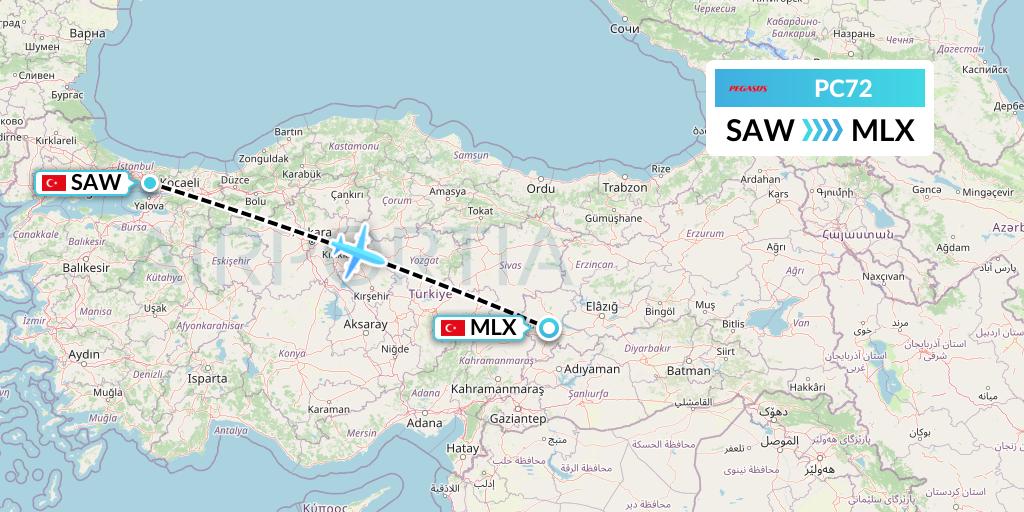 PC72 Pegasus Airlines Flight Map: Istanbul to Malatya