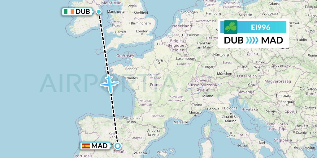 EI996 Aer Lingus Flight Map: Dublin to Madrid