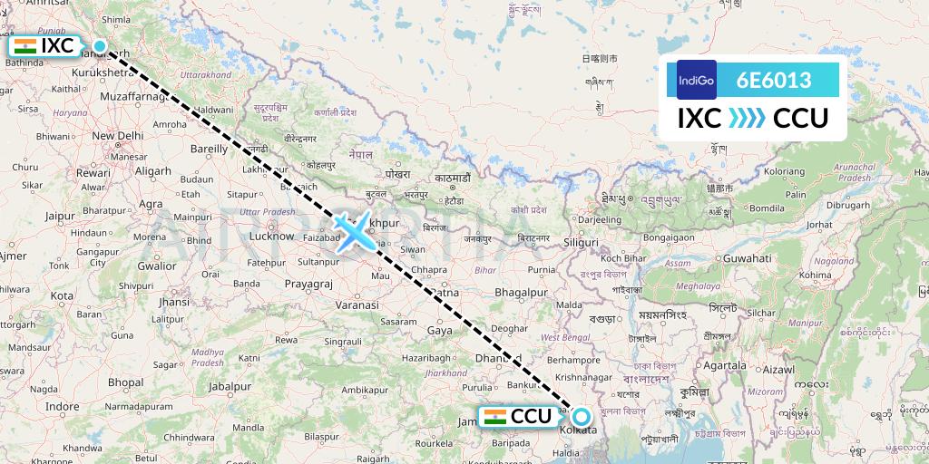 6E6013 IndiGo Airlines Flight Map: Chandigarh to Kolkata