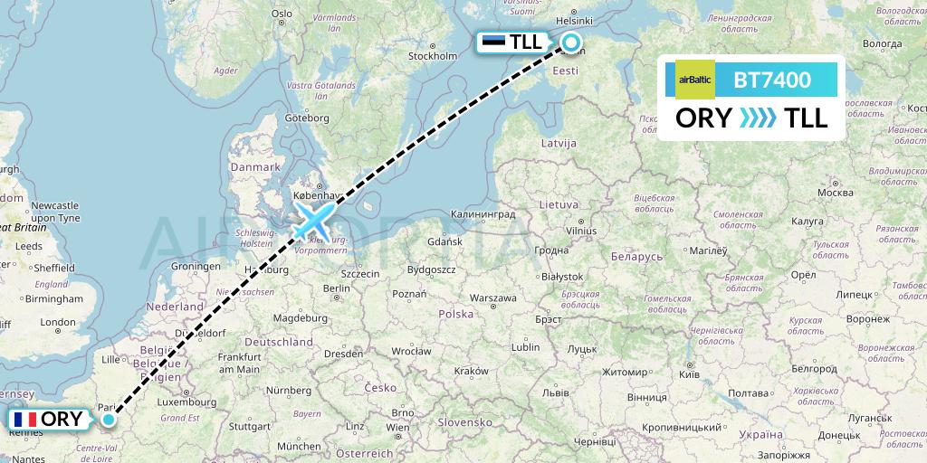 BT7400 Air Baltic Flight Map: Paris to Tallinn