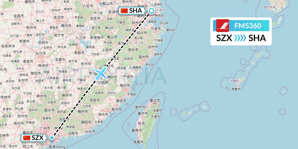 FM5360 Shanghai Airlines Flight Map: Shenzhen to Shanghai