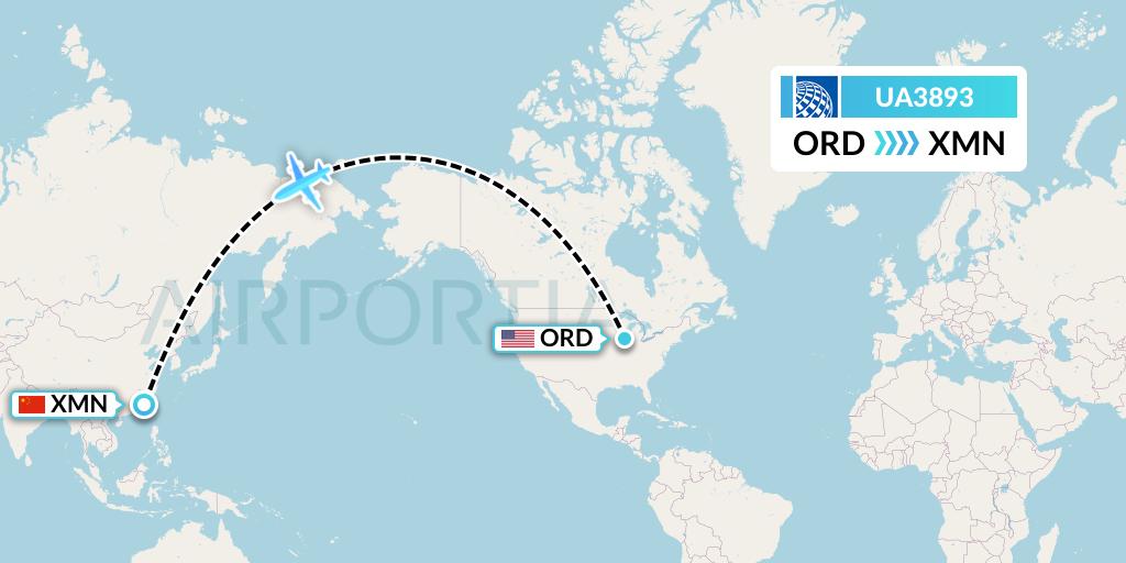 UA3893 United Airlines Flight Map: Chicago to Xiamen
