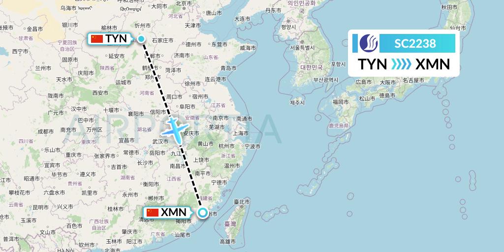 SC2238 Shandong Airlines Flight Map: Taiyuan to Xiamen