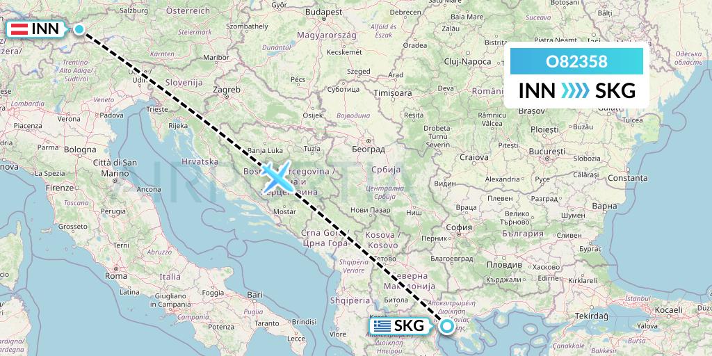 O82358 Siam Air Flight Map: Innsbruck to Thessaloniki
