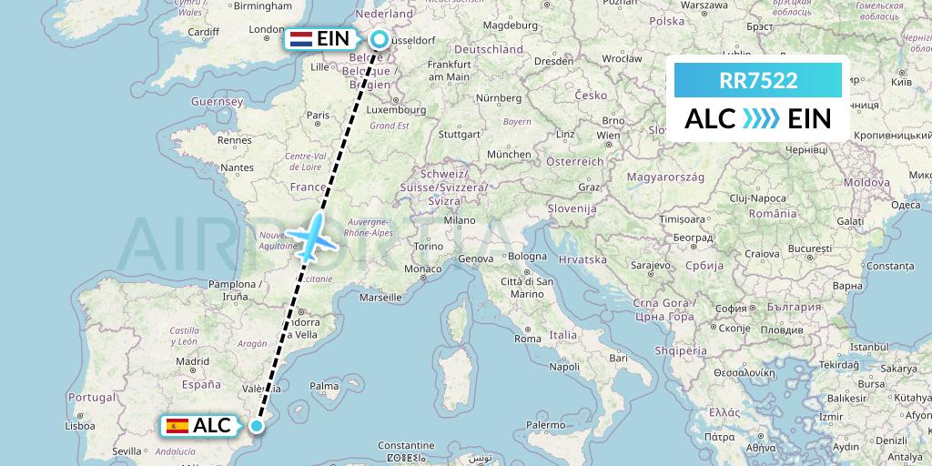 RR7522 Royal Air Force Flight Map: Alicante to Eindhoven