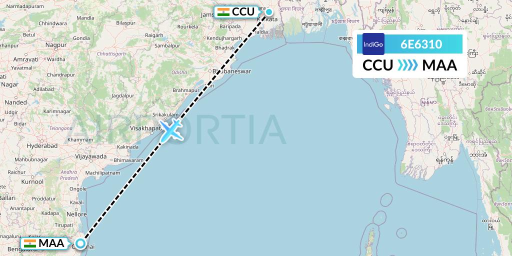 6E6310 IndiGo Airlines Flight Map: Kolkata to Chennai