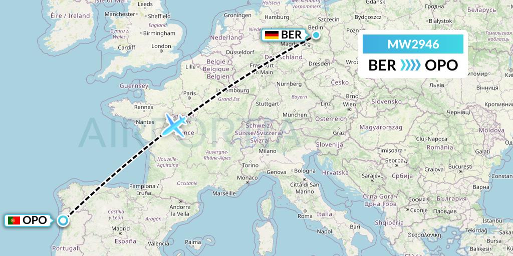 MW2946 Mokulele Flight Service Flight Map: Berlin to Porto