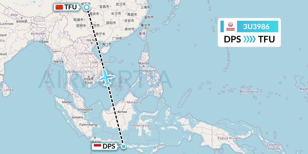 3U3986 Sichuan Airlines Flight Map: Denpasar to Chengdu