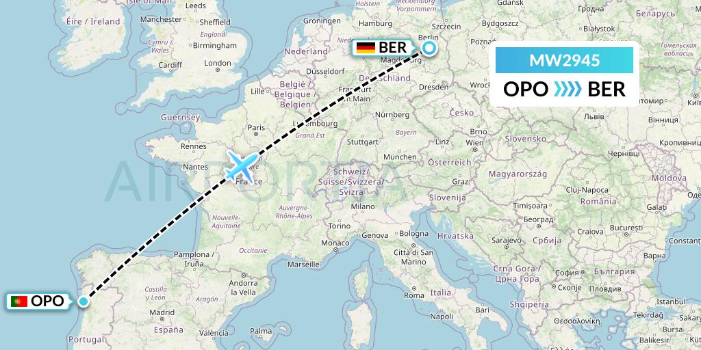 MW2945 Mokulele Flight Service Flight Map: Porto to Berlin