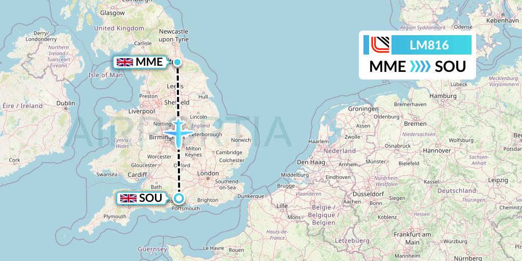 LM816 Loganair Flight Map: Darlington to Southampton