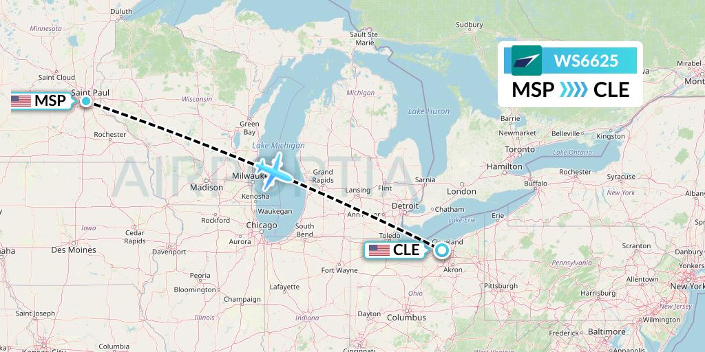 WS6625 WestJet Flight Map: Minneapolis to Cleveland