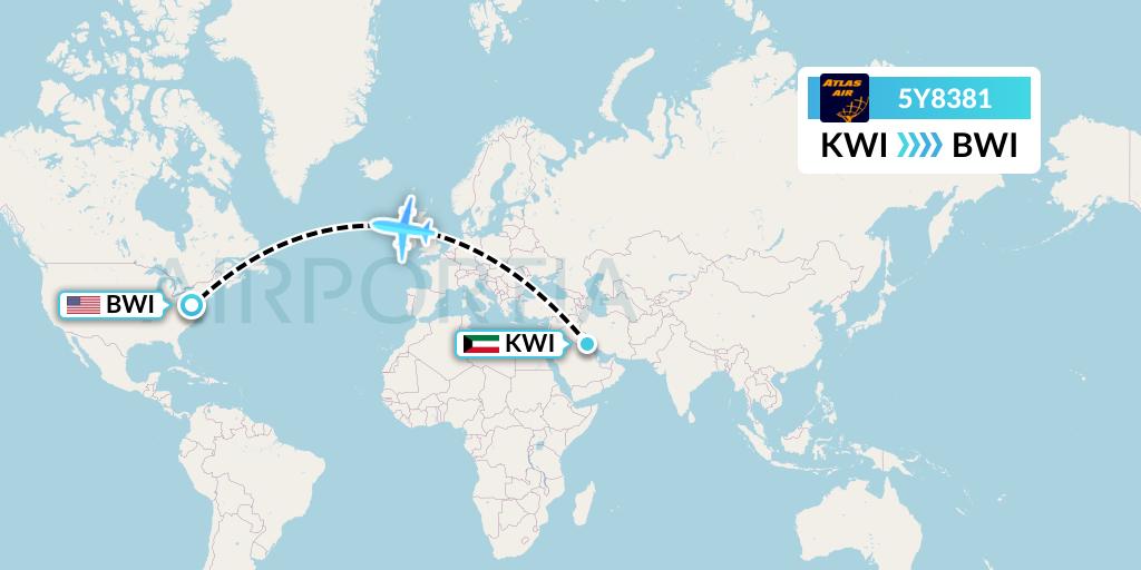 5Y8381 Atlas Air Flight Map: Kuwait City to Baltimore