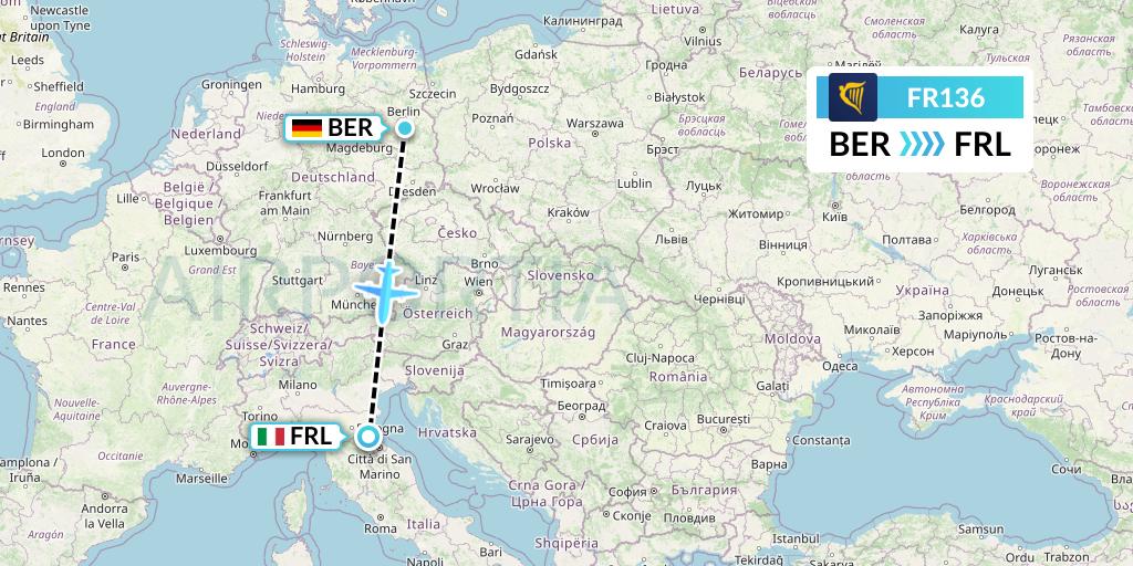 FR136 Ryanair Flight Map: Berlin to Forli