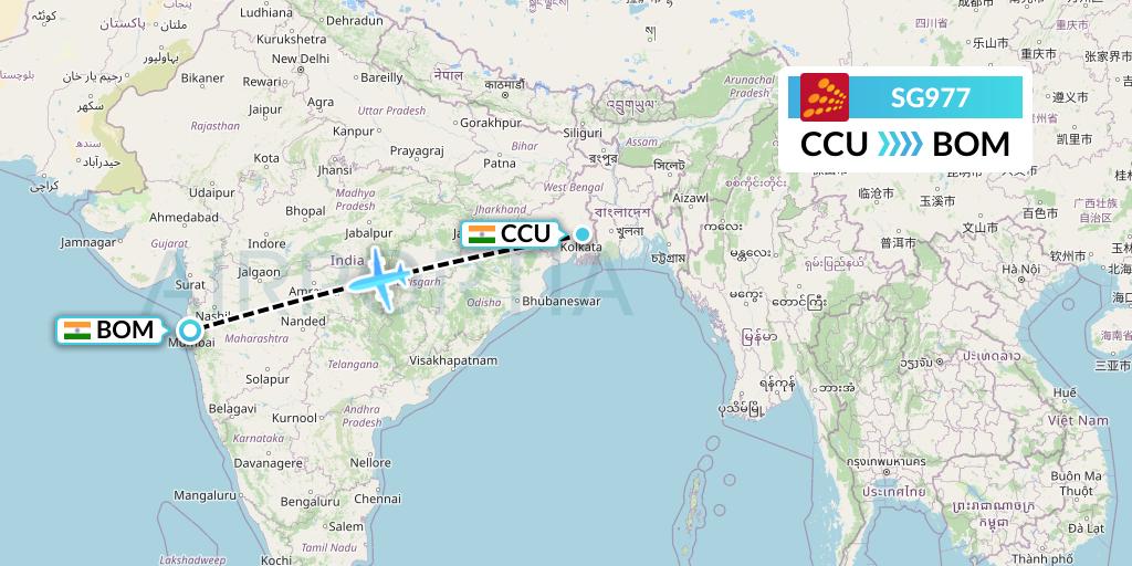 SG977 SpiceJet Flight Map: Kolkata to Mumbai