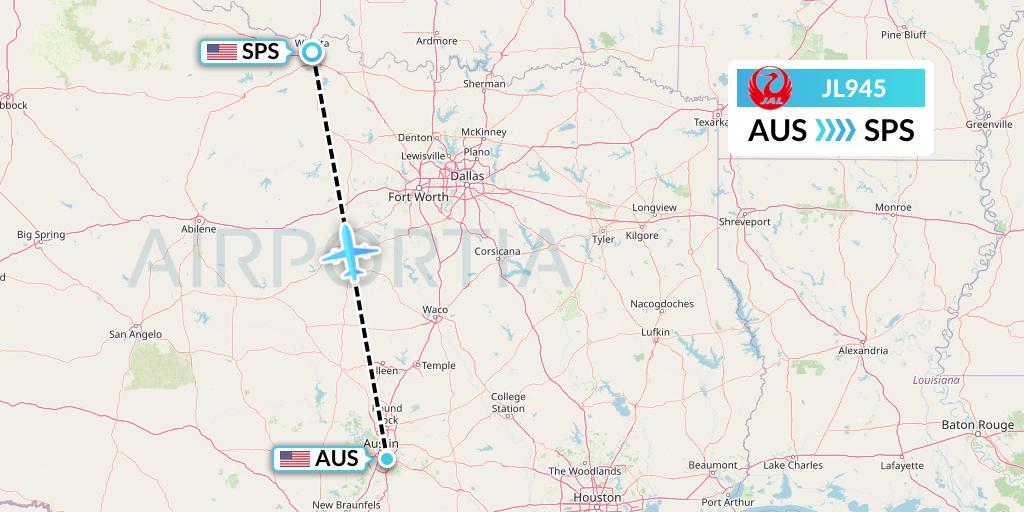 JL945 Japan Airlines Flight Map: Austin to Wichita Falls