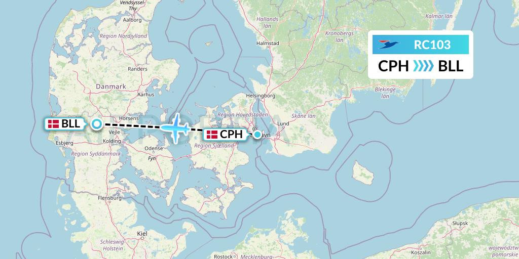 RC103 Atlantic Airways Flight Map: Copenhagen to Billund