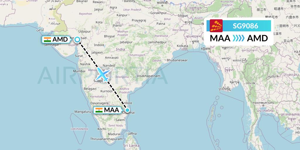SG9086 SpiceJet Flight Map: Chennai to Ahmedabad
