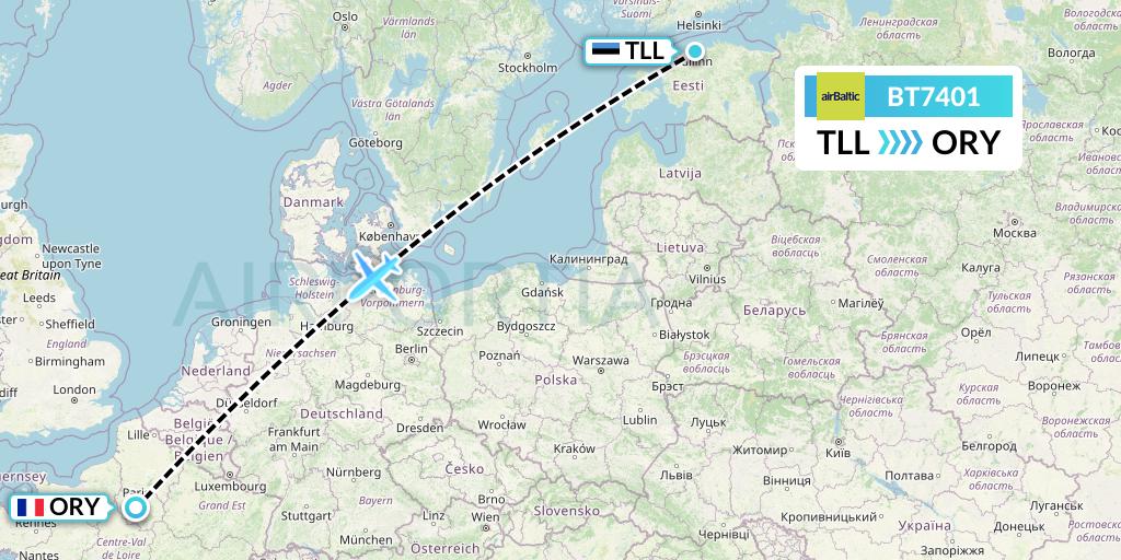 BT7401 Air Baltic Flight Map: Tallinn to Paris