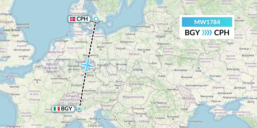 MW1784 Mokulele Flight Service Flight Map: Milan to Copenhagen