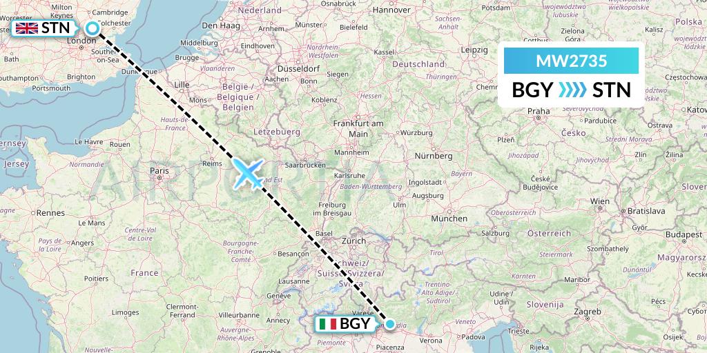 MW2735 Mokulele Flight Service Flight Map: Milan to London