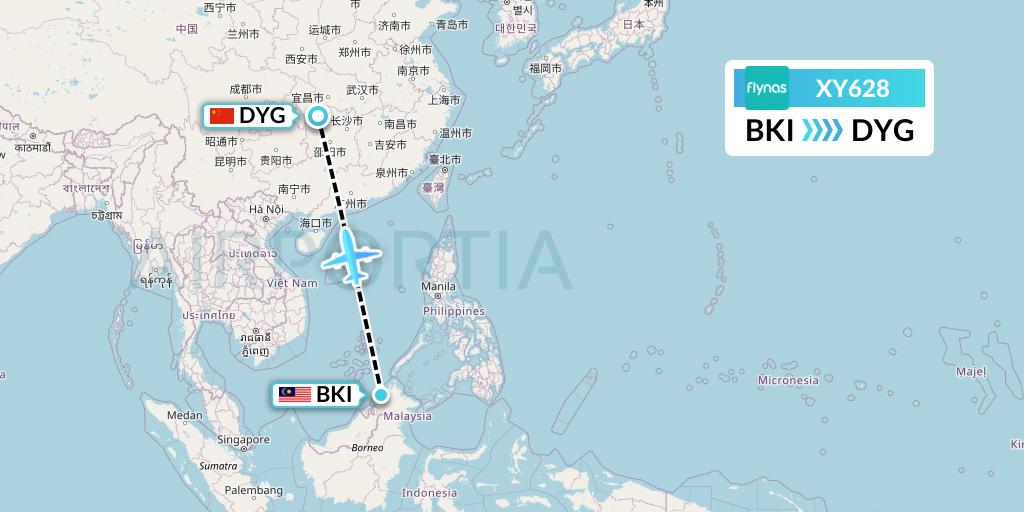 XY628 Flynas Flight Map: Kota Kinabalu to Dayong