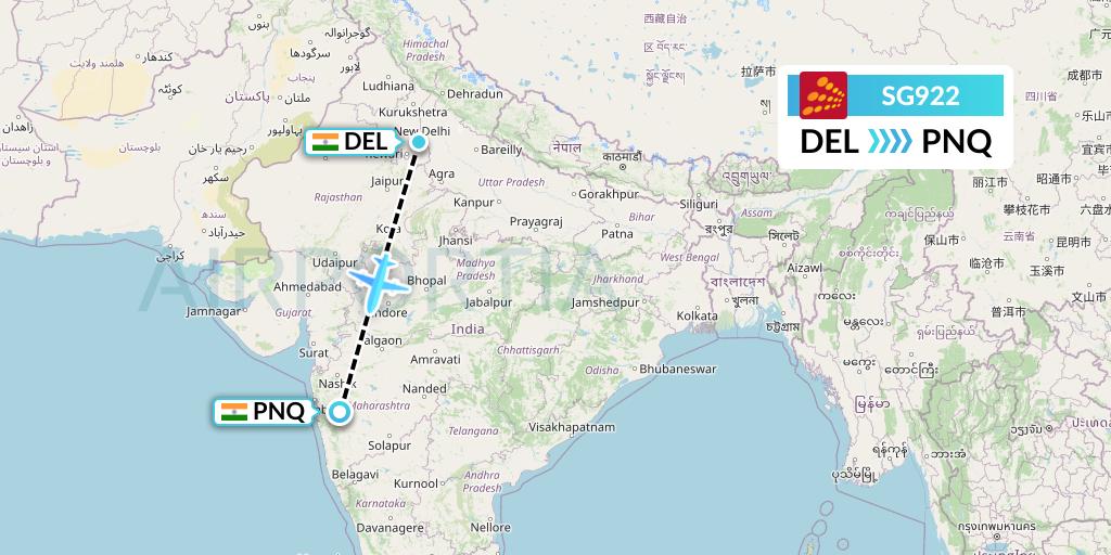 SG922 SpiceJet Flight Map: Delhi to Pune