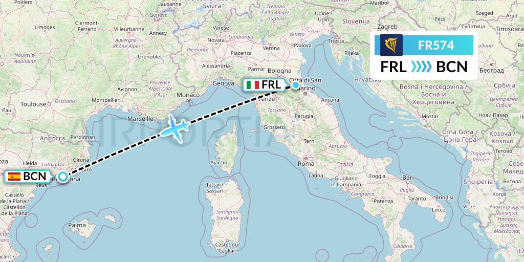 FR574 Ryanair Flight Map: Forli to Barcelona