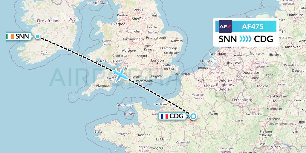 AF475 Air France Flight Map: Shannon to Paris