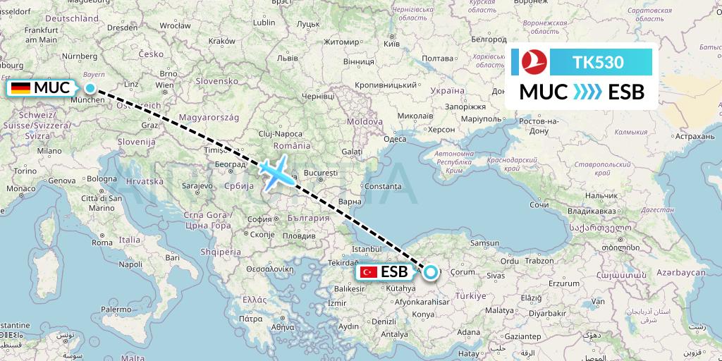 TK530 Turkish Airlines Flight Map: Munich to Ankara