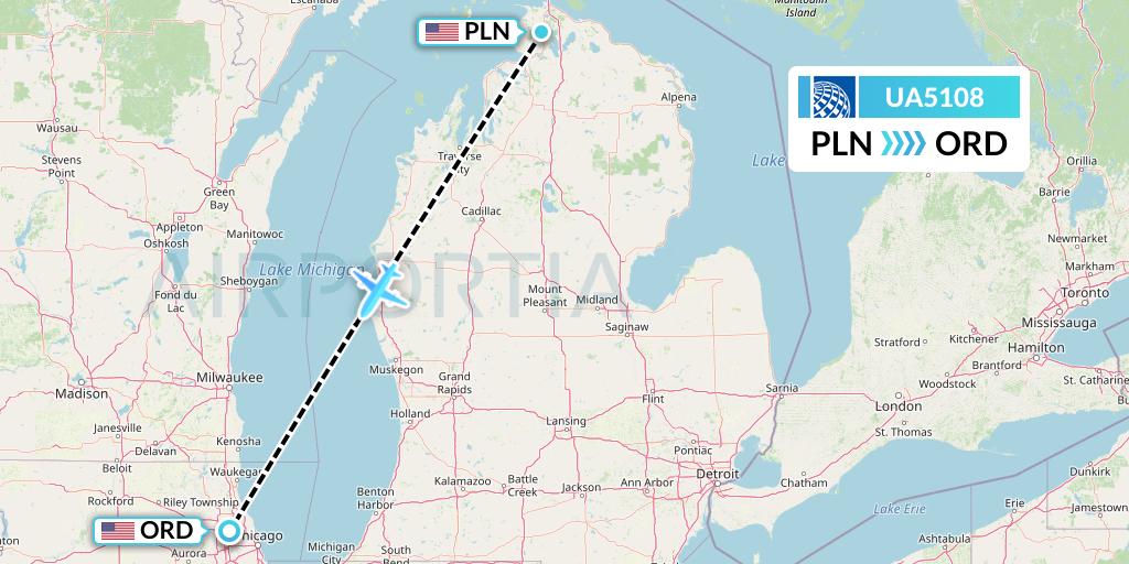 UA5108 United Airlines Flight Map: Pellston to Chicago