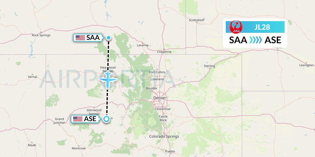 JL28 Japan Airlines Flight Map: Saratoga to Aspen