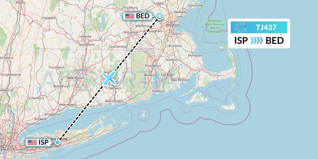 TJ437 Tradewind Aviation Flight Map: Islip to Bedford