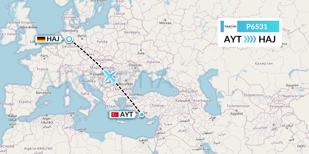 P6531 Pascan Aviation Flight Map: Antalya to Hannover