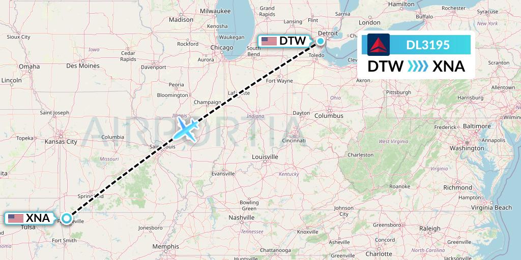 DL3195 Delta Air Lines Flight Map: Detroit to Bentonville