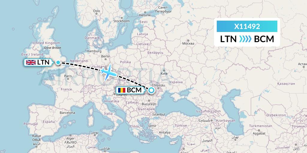 X11492 Nik Airways Flight Map: London to Bacau
