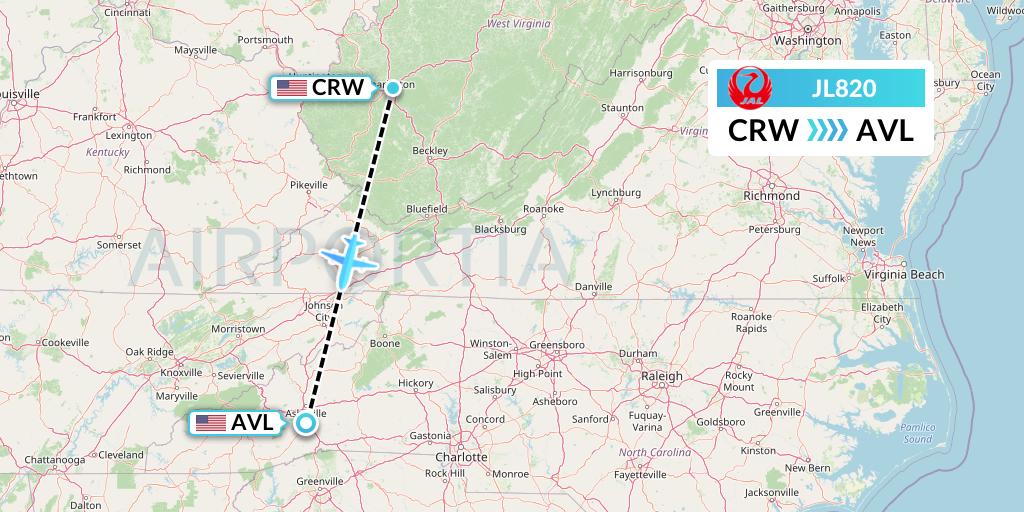 JL820 Japan Airlines Flight Map: Charleston to Asheville