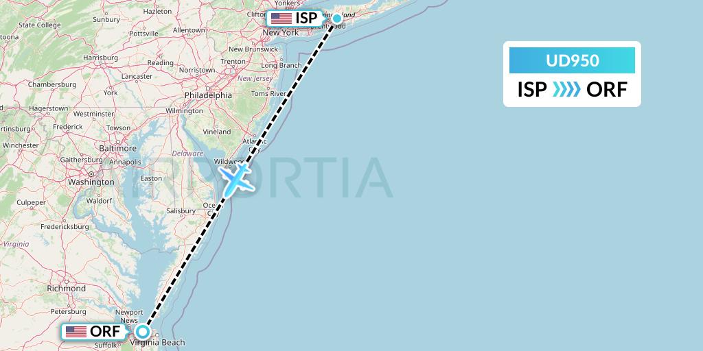 UD950 UR Airlines Flight Map: Islip to Norfolk