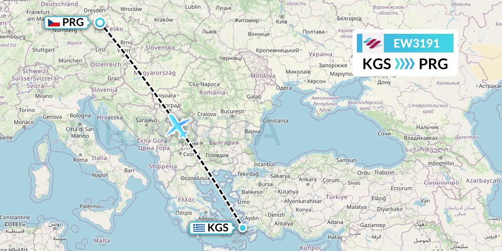 EW3191 Eurowings Flight Map: Kos to Prague