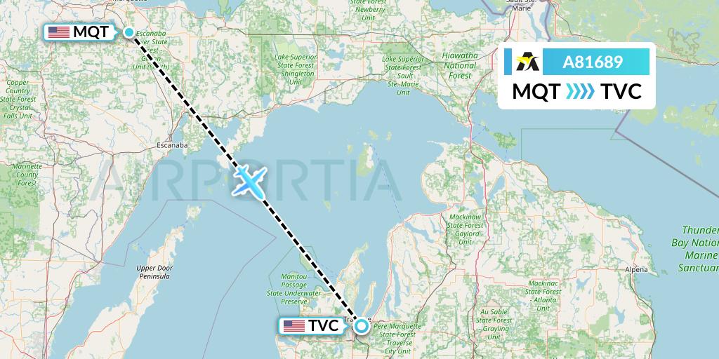 A81689 Aerolink Uganda Flight Map: Marquette to Traverse City