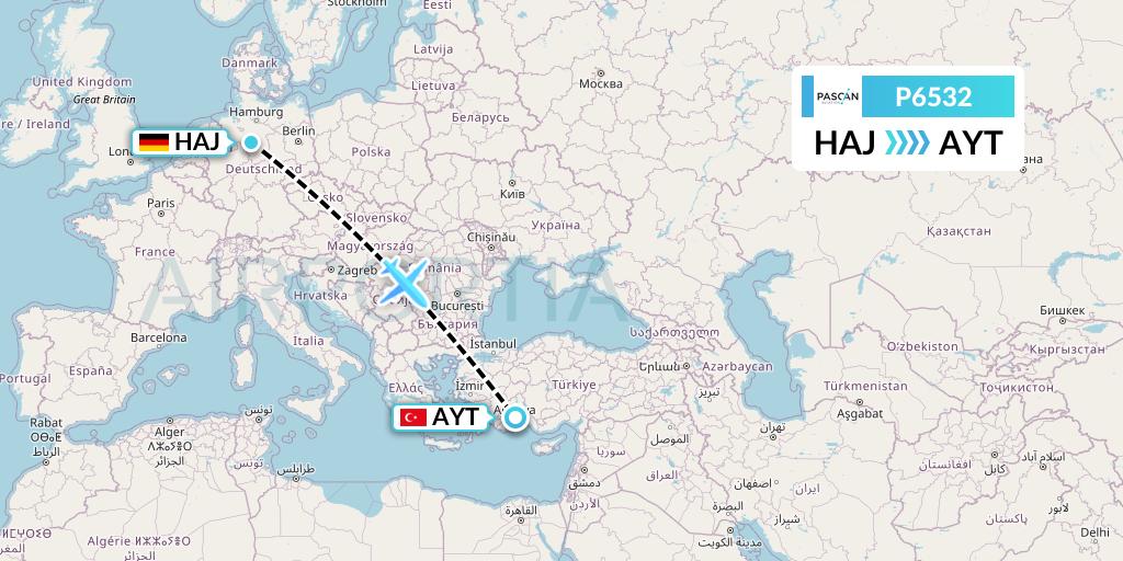 P6532 Pascan Aviation Flight Map: Hannover to Antalya